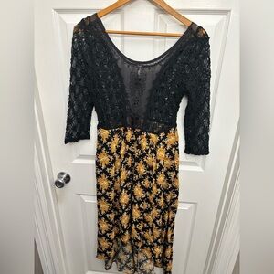 Free People Black Lace and Yellow Floral Midi Boho Festival Whimsigoth Dress, 8